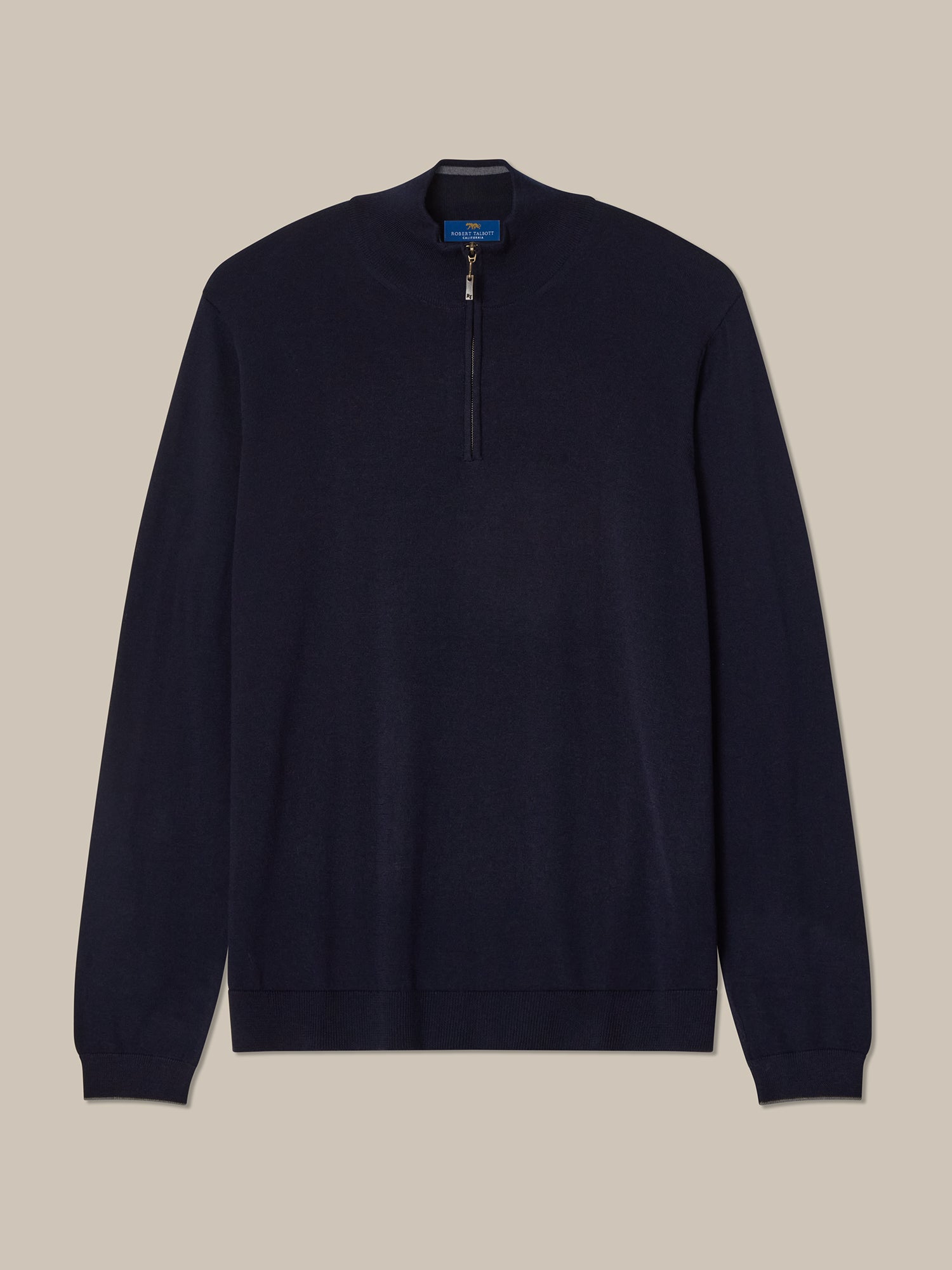 Eastwood Merino Wool Quarter Zip Sweater in Navy with Grey Tipping by Robert Talbott