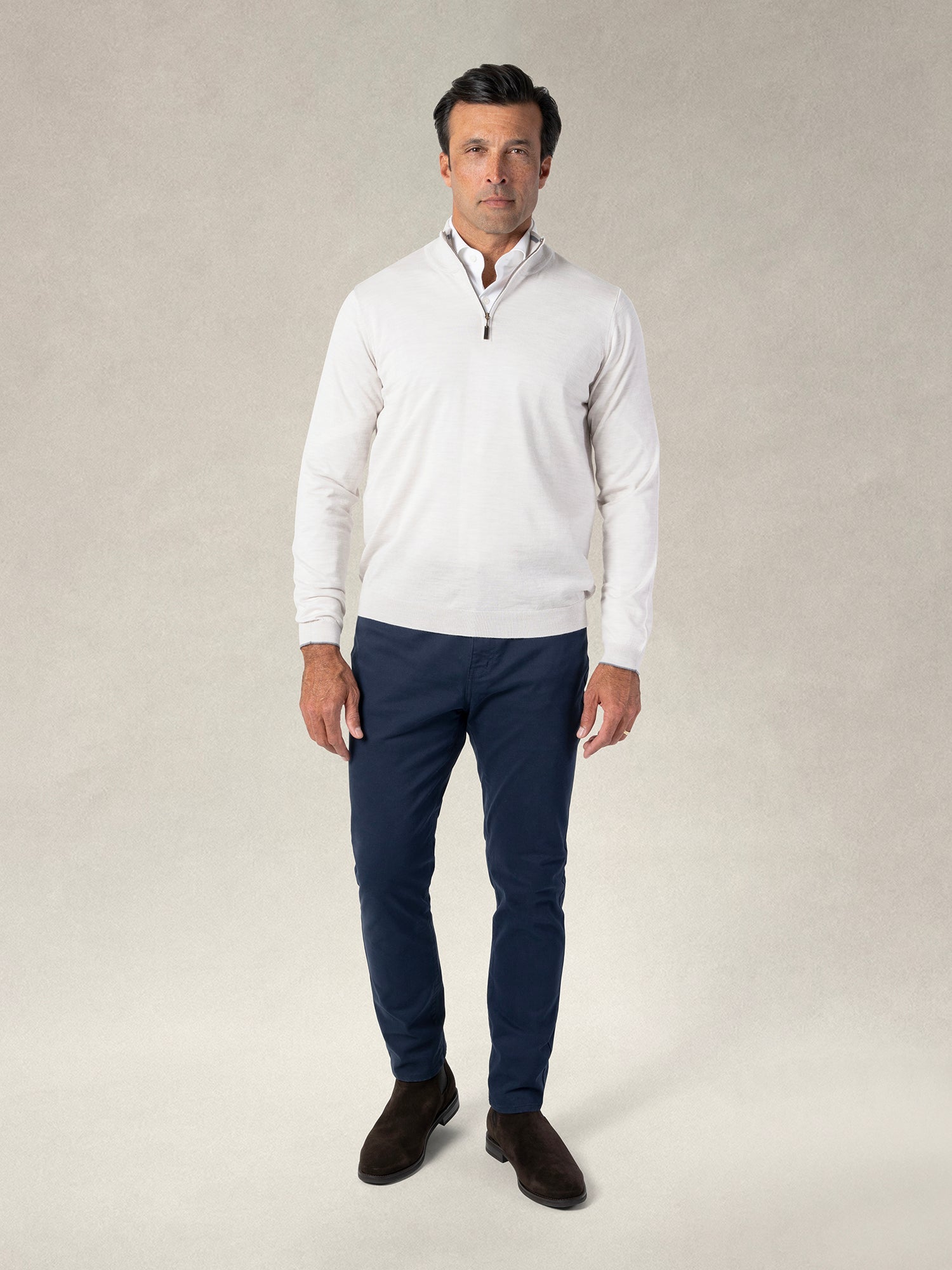 Eastwood Merino Wool Quarter Zip Sweater in Oatmeal with Grey Tipping by Robert Talbott
