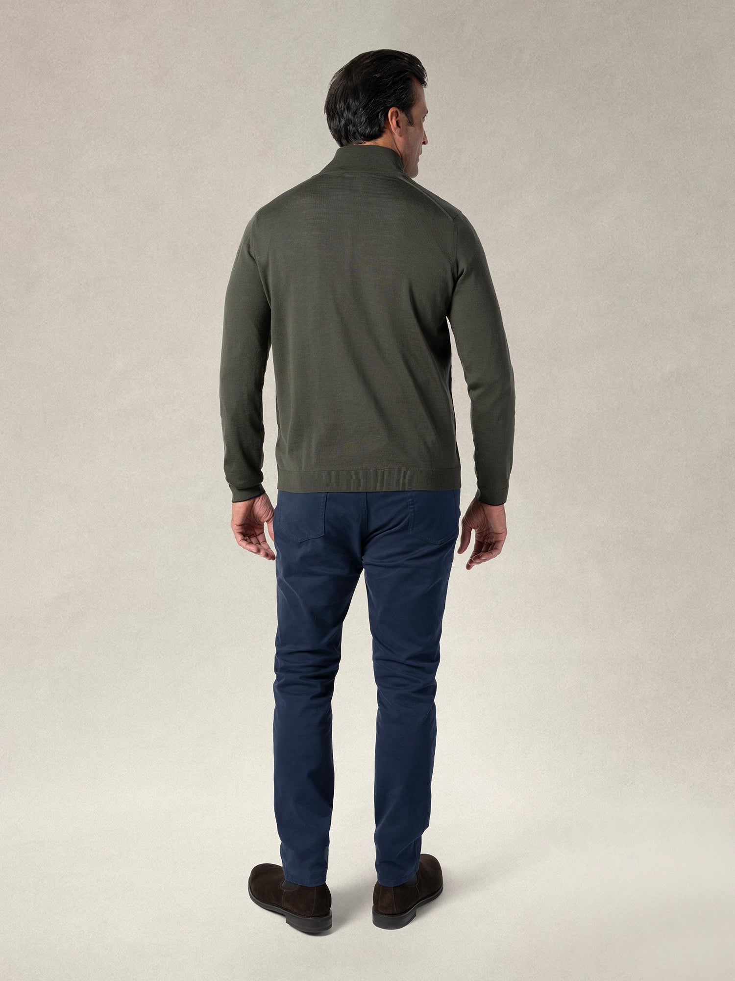 Eastwood Merino Wool Quarter Zip Sweater in Olive Green with Navy Tipping by Robert Talbott