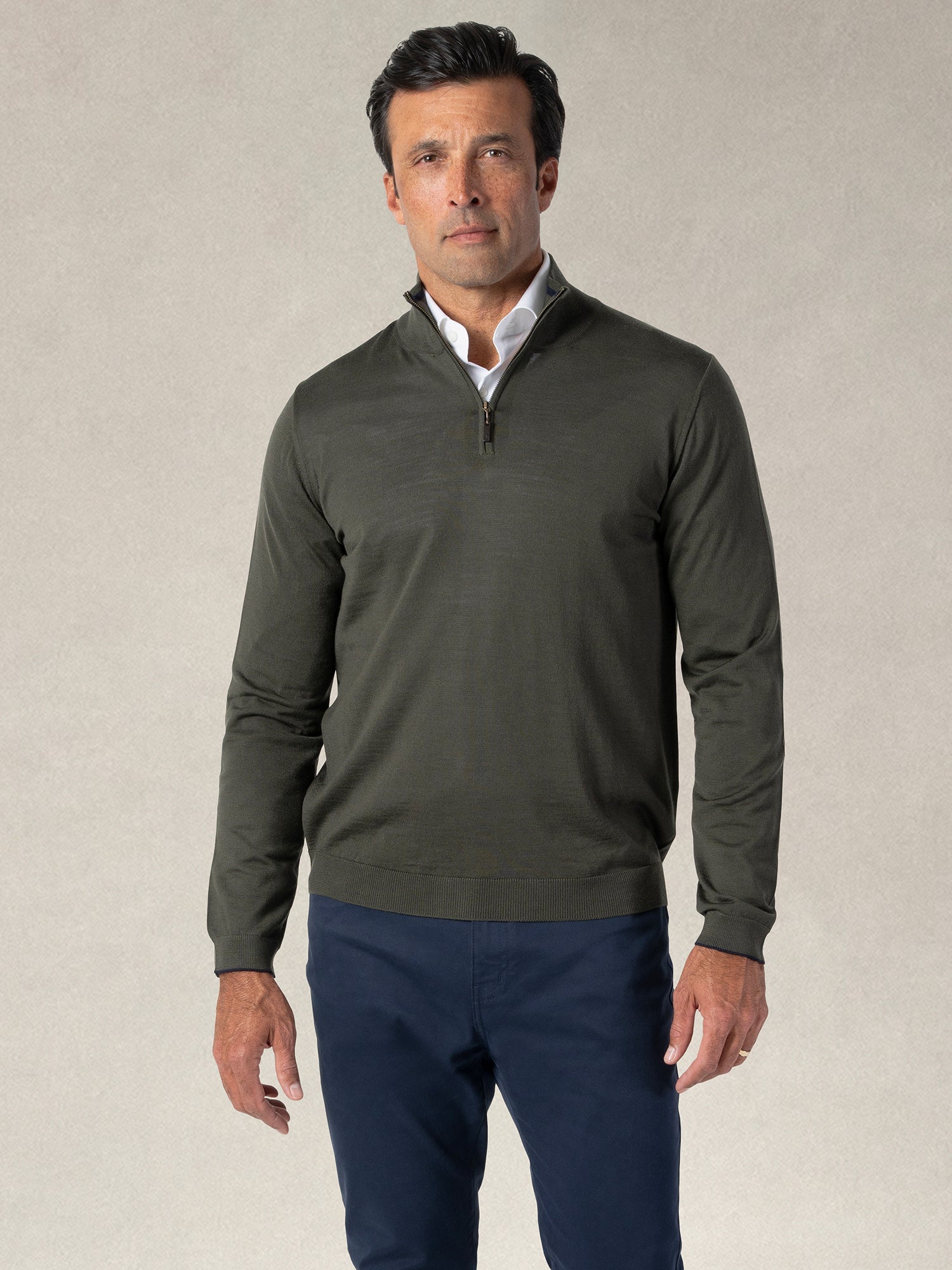 Eastwood Merino Wool Quarter Zip Sweater in Olive Green with Navy Tipping by Robert Talbott