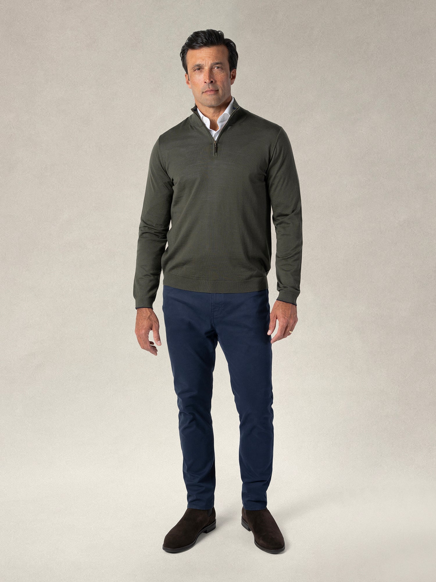 Eastwood Merino Wool Quarter Zip Sweater in Olive Green with Navy Tipping by Robert Talbott