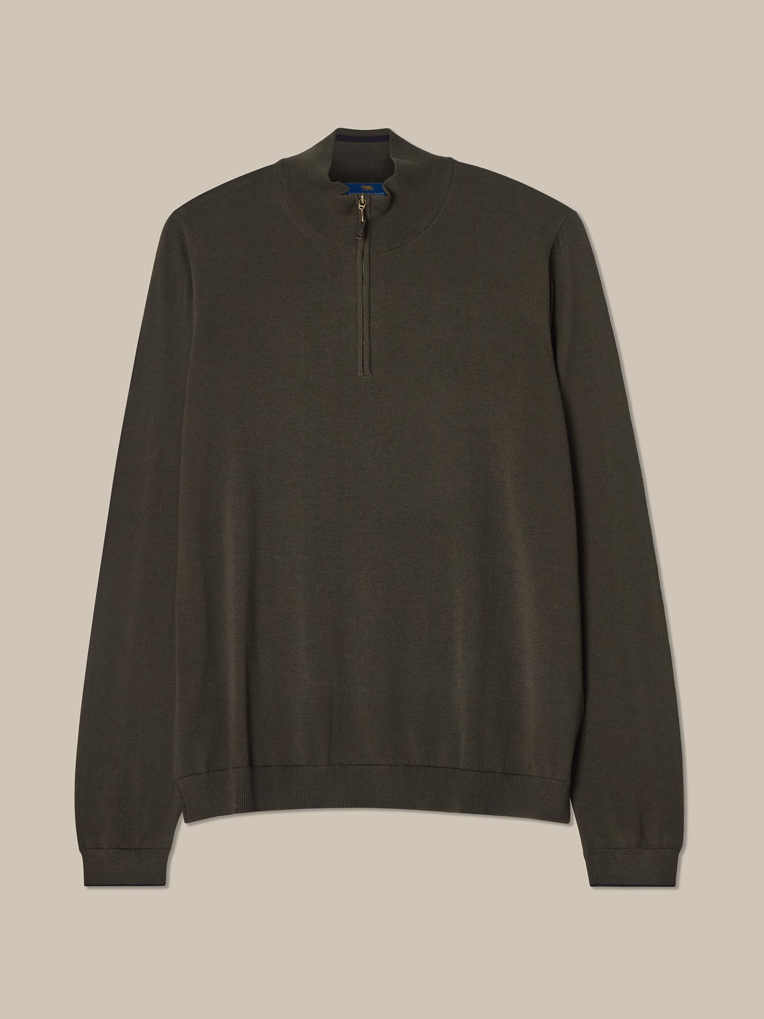 Eastwood Merino Wool Quarter Zip Sweater in Olive Green with Navy Tipping by Robert Talbott