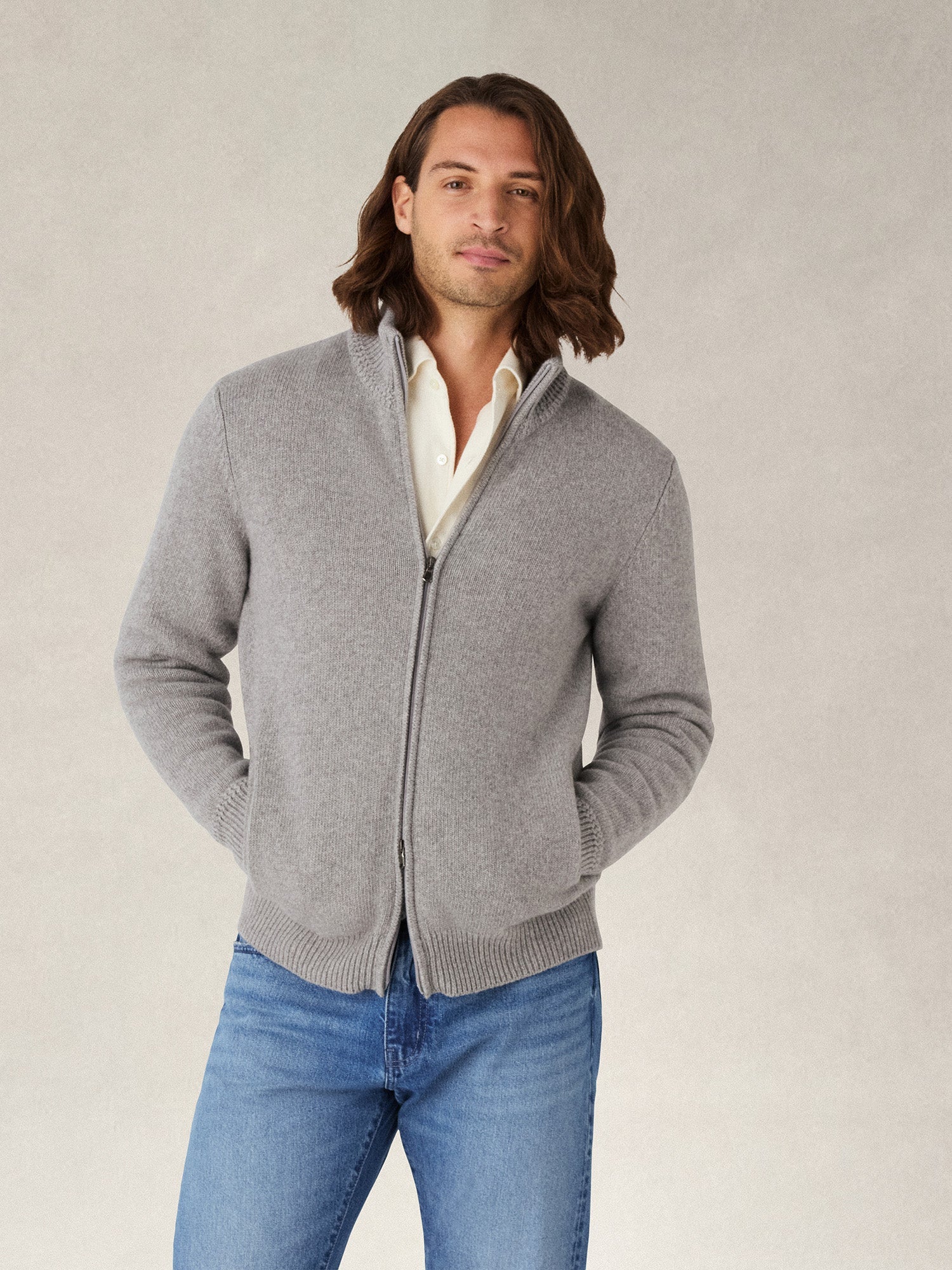 Graham Cashmere & Merino Wool Full-Zip Sweater in Light Grey by Robert Talbott