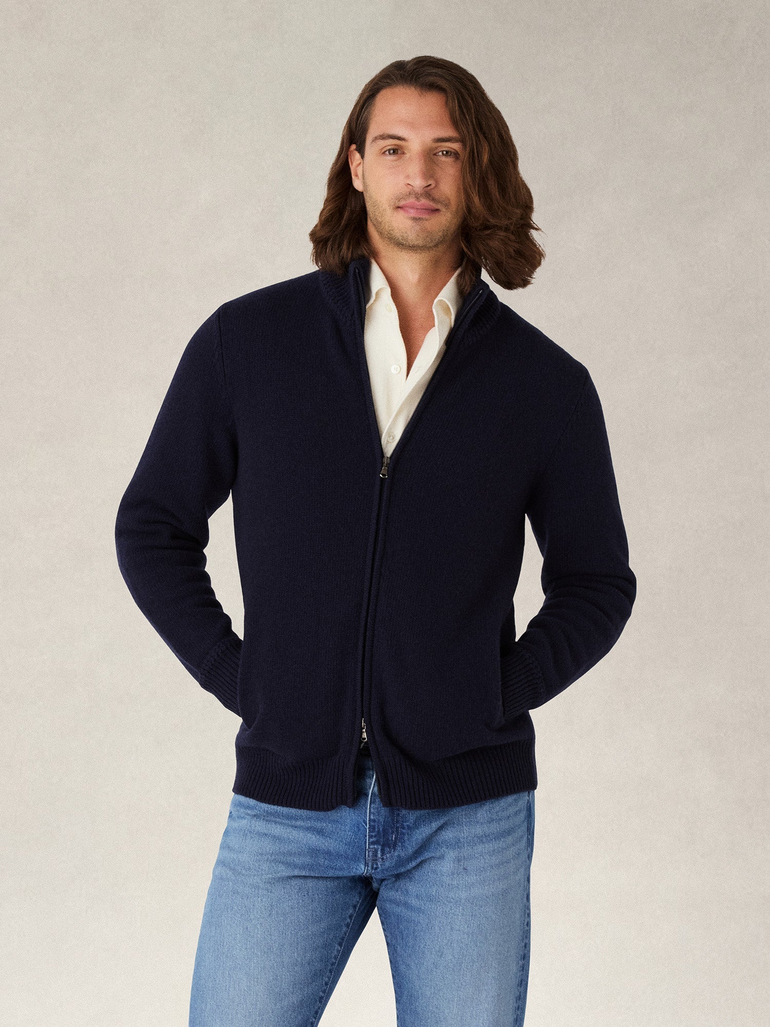 Graham Cashmere & Merino Wool Full-Zip Sweater in Navy by Robert Talbott