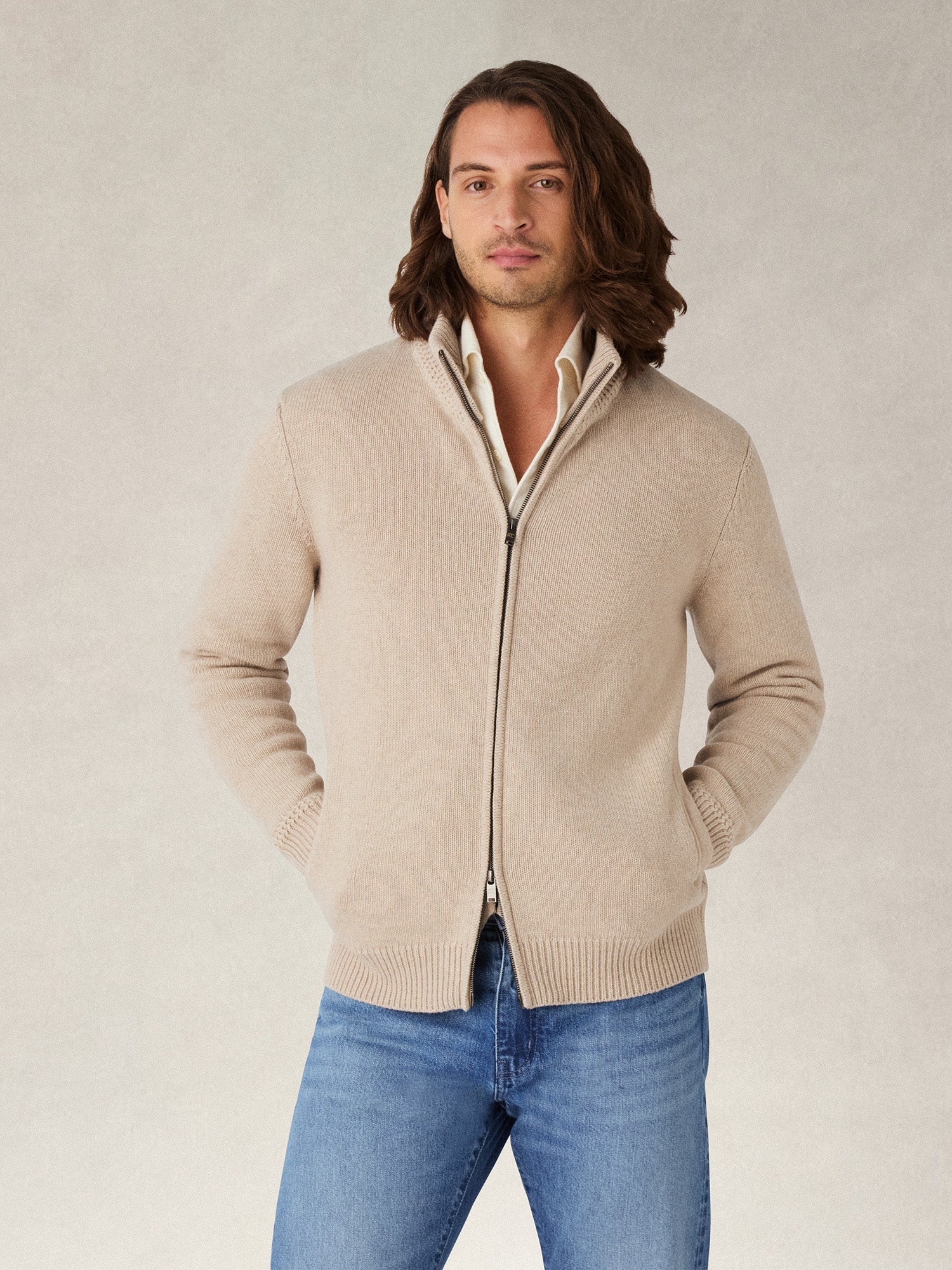 Graham Cashmere & Merino Wool Full-Zip Sweater in Cream by Robert Talbott
