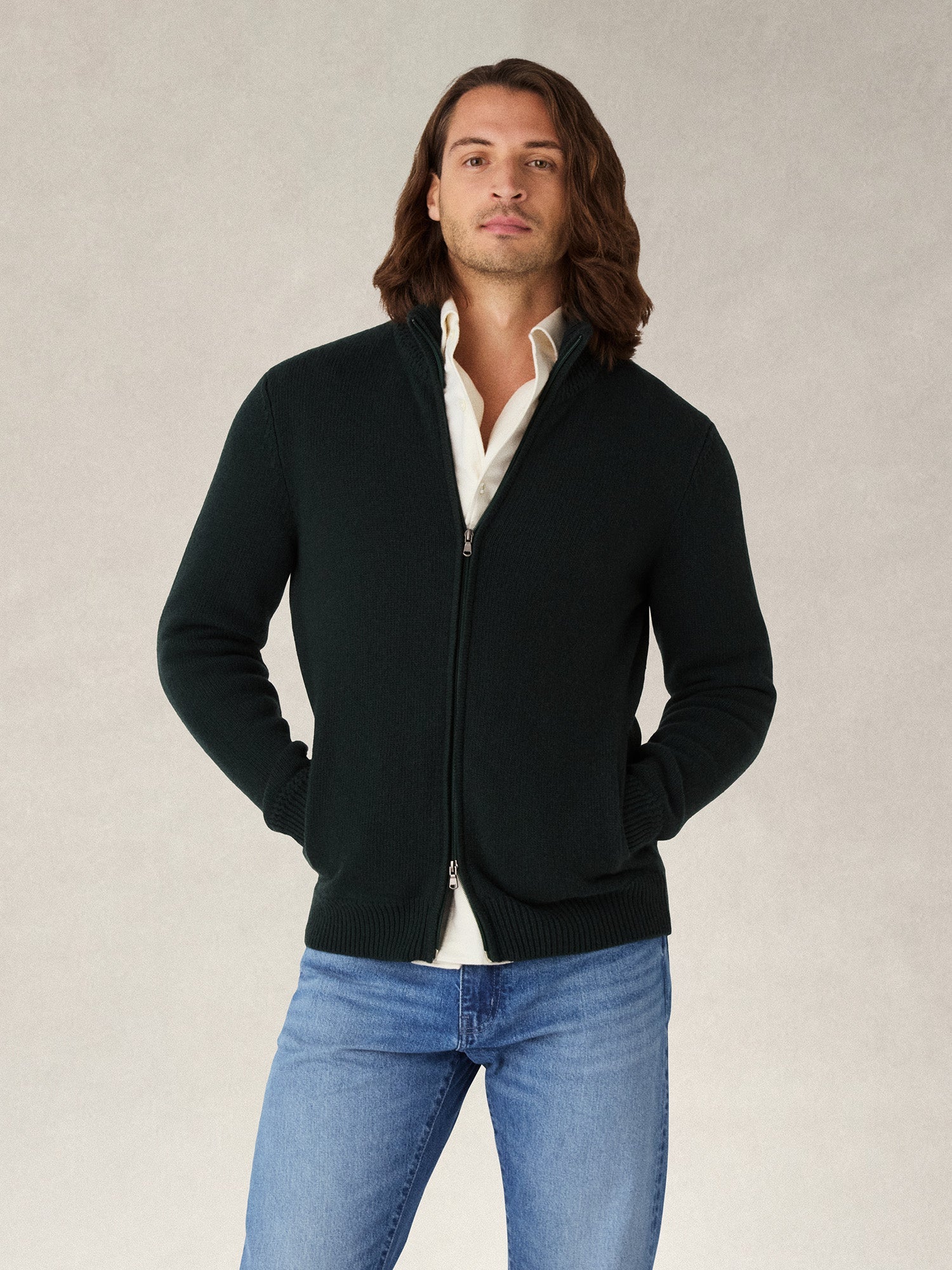 Graham Cashmere & Merino Wool Full-Zip Sweater in Green by Robert Talbott