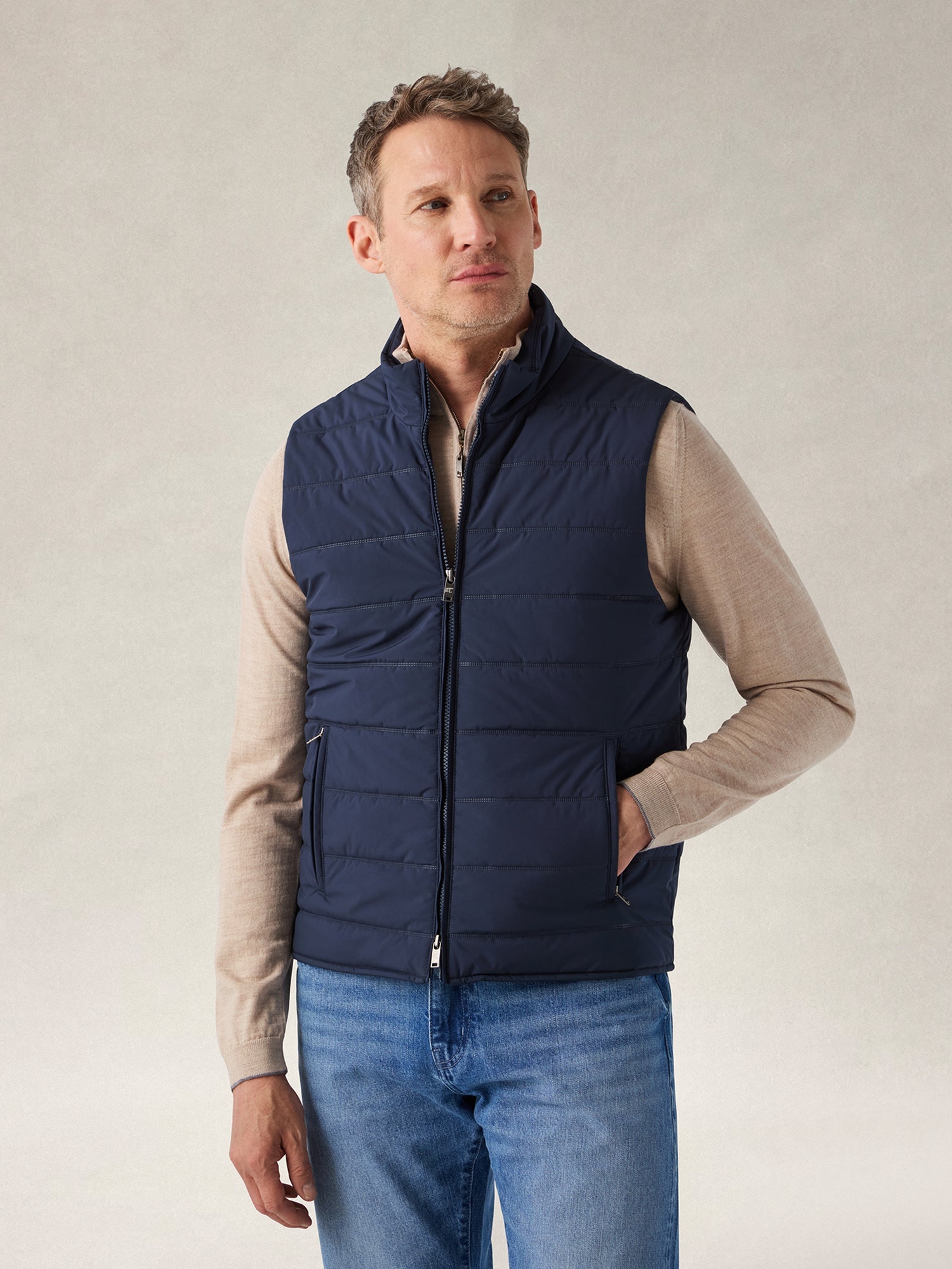 Driver Quilted Water-Resistant Vest with Cotton/Cashmere Lining in Navy by Robert Talbott
