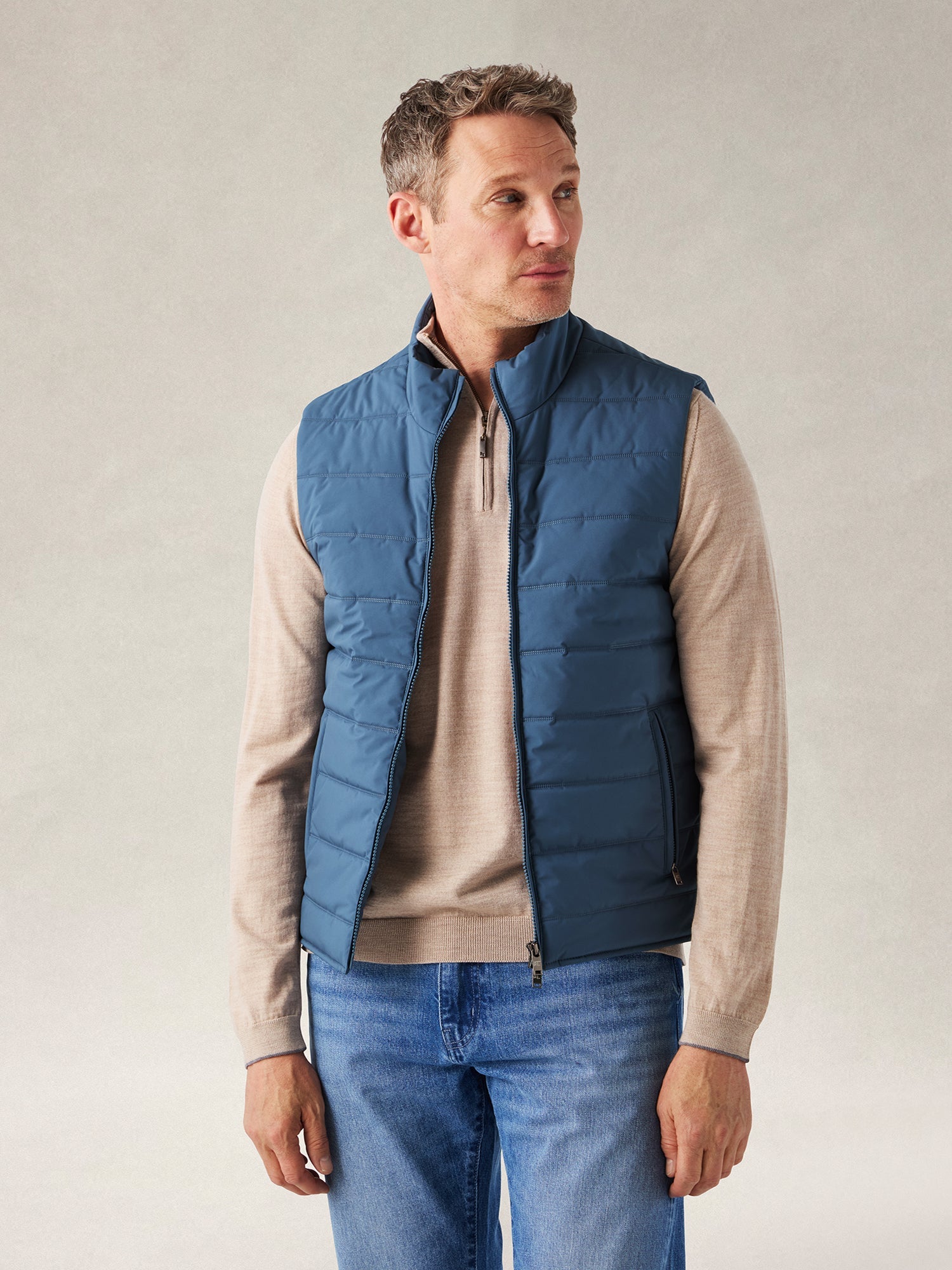 Driver Quilted Water-Resistant Vest with Cotton/Cashmere Lining in Dusty Blue by Robert Talbott