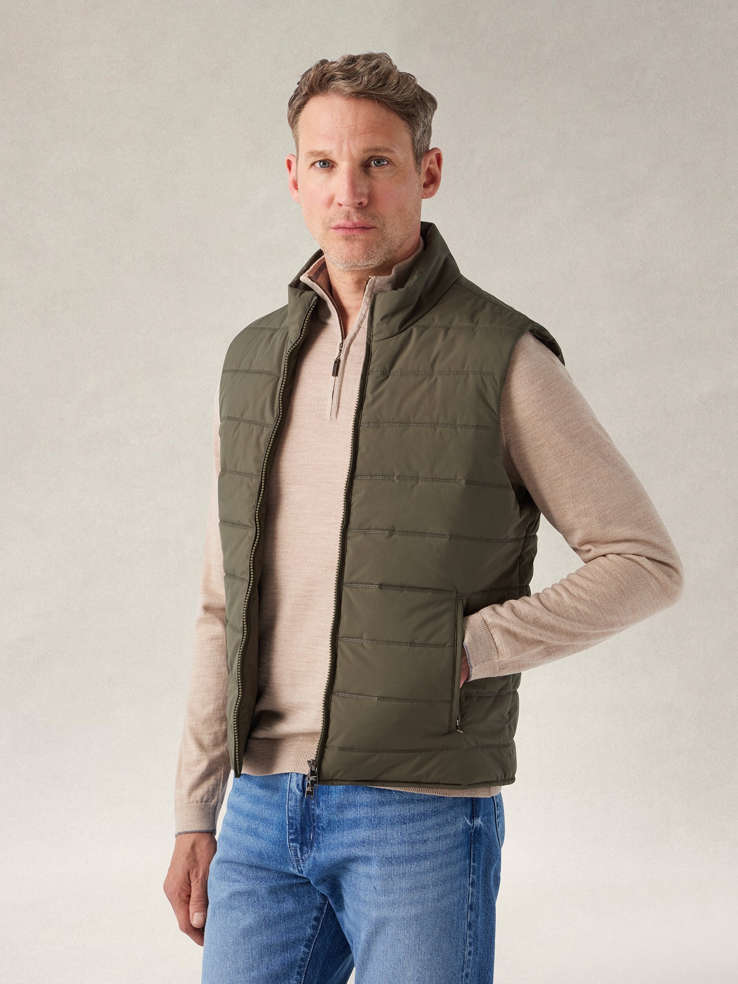 Driver Quilted Water-Resistant Vest with Cotton/Cashmere Lining in Sage Green by Robert Talbott