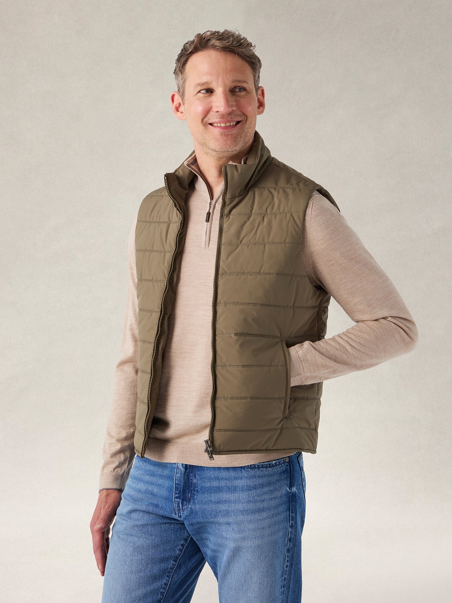 Driver Quilted Water-Resistant Vest with Cotton/Cashmere Lining in Taupe by Robert Talbott