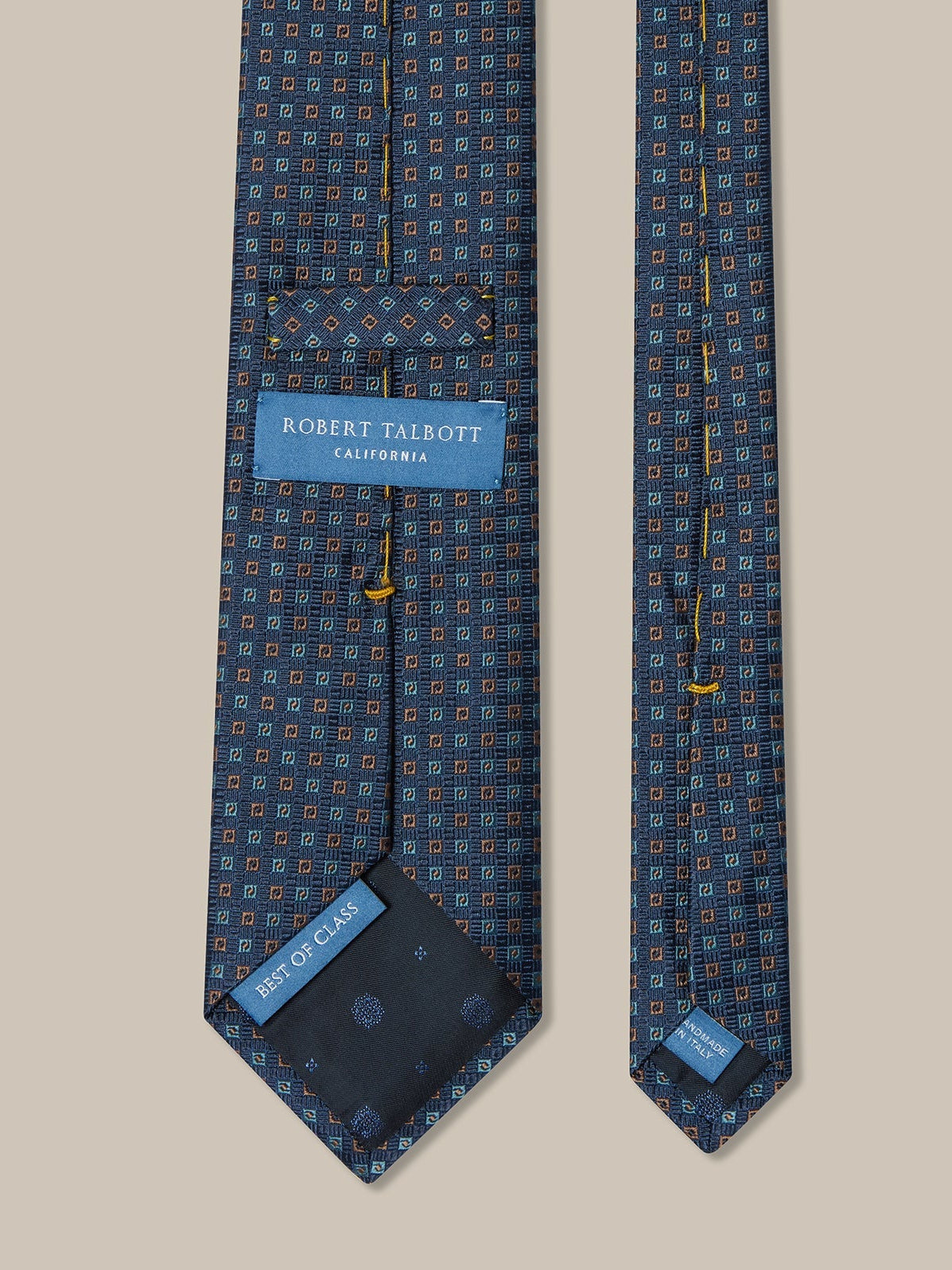 Navy, Aqua, and Tan Square Neat 'Best of Class' Silk Tie by Robert Talbott