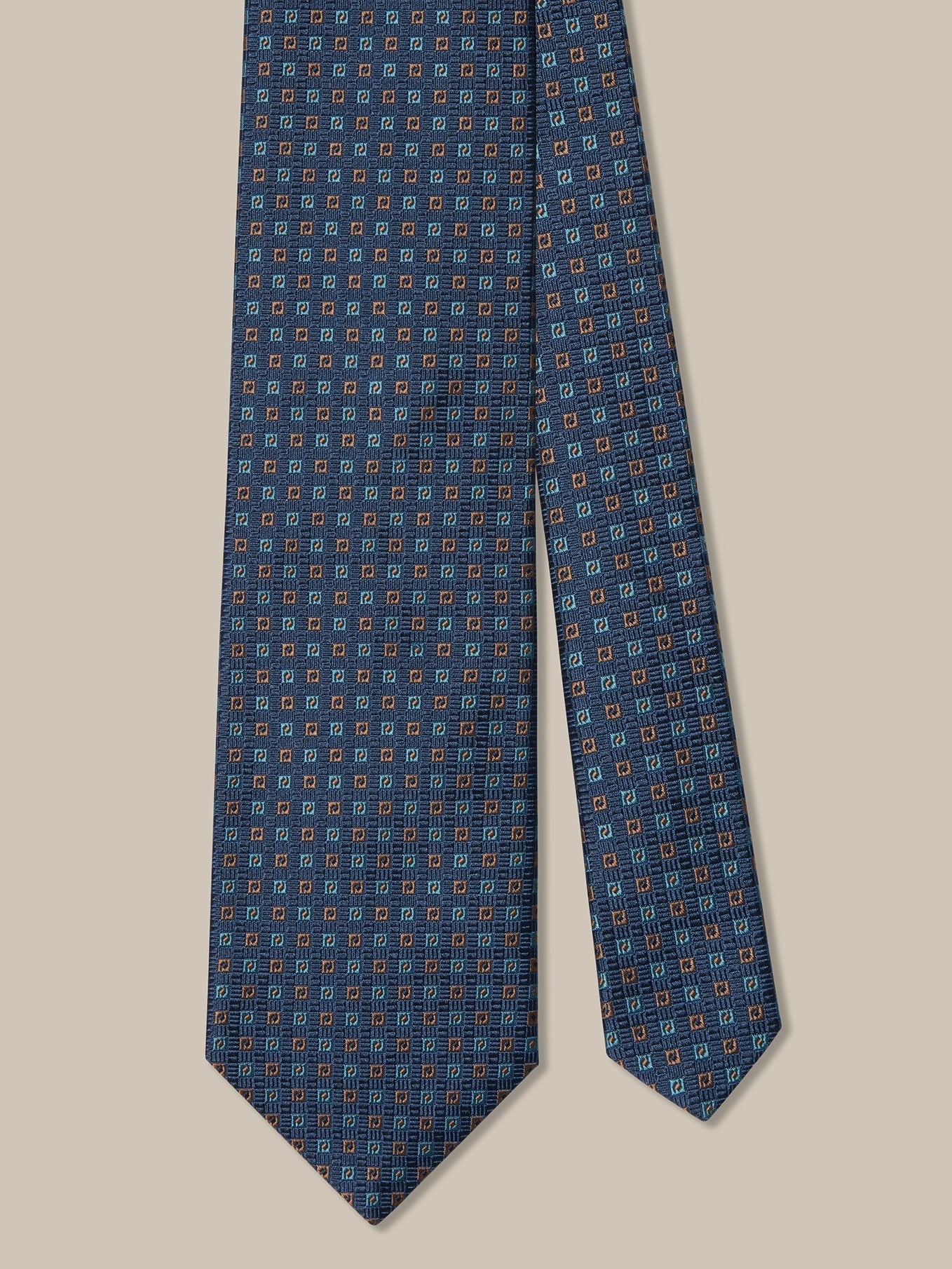 Navy, Aqua, and Tan Square Neat 'Best of Class' Silk Tie by Robert Talbott