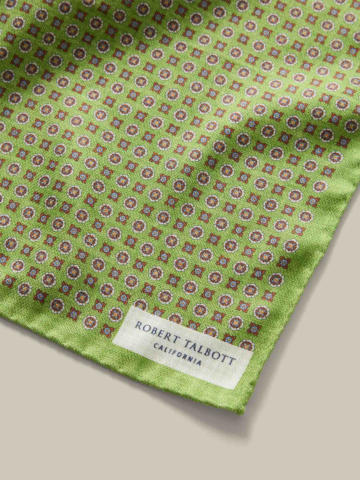 Colton Silk Reversible Houndstooth/Neat Medallion Pocket Square in Green by Robert Talbott