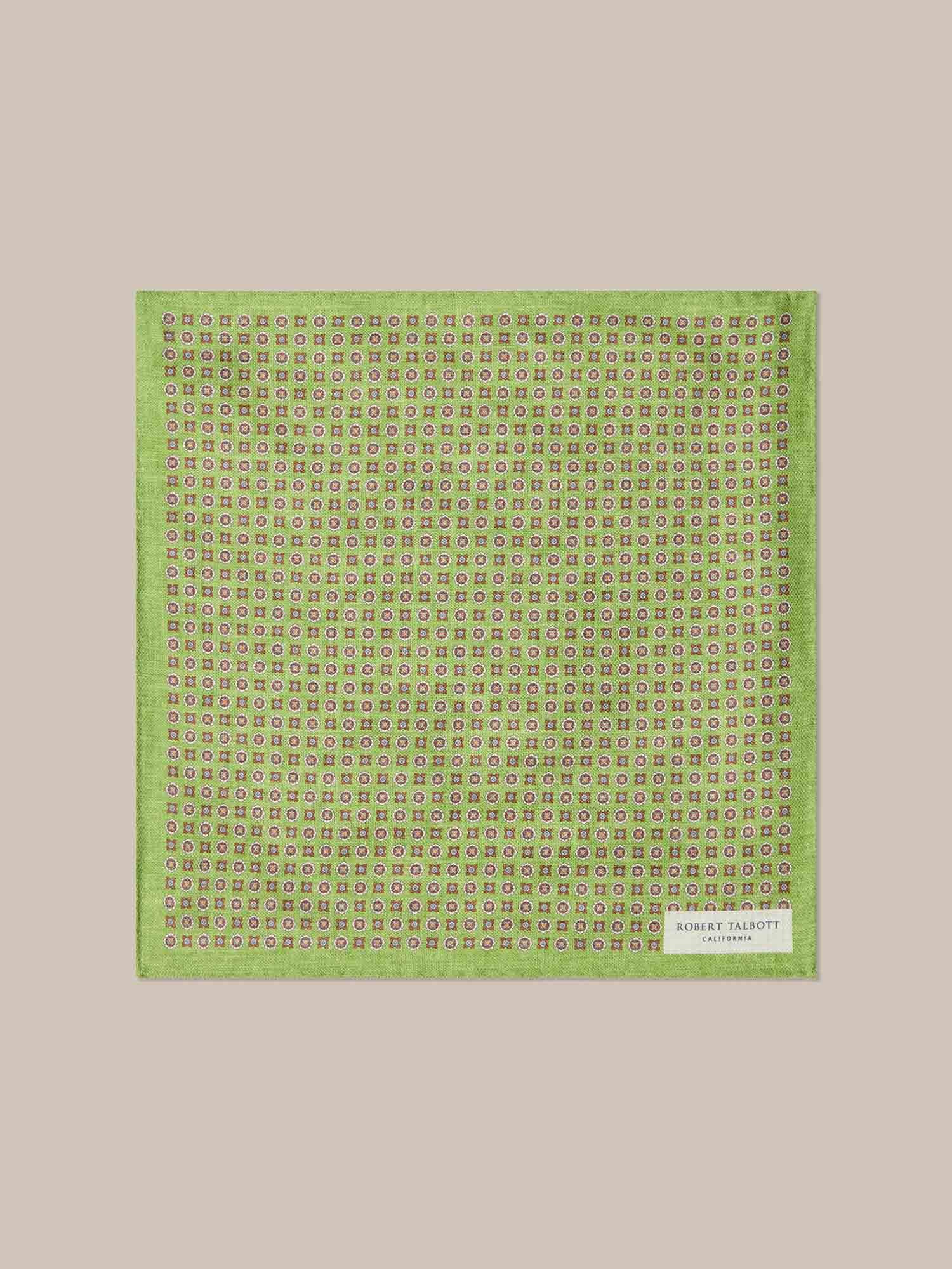 Colton Silk Reversible Houndstooth/Neat Medallion Pocket Square in Green by Robert Talbott