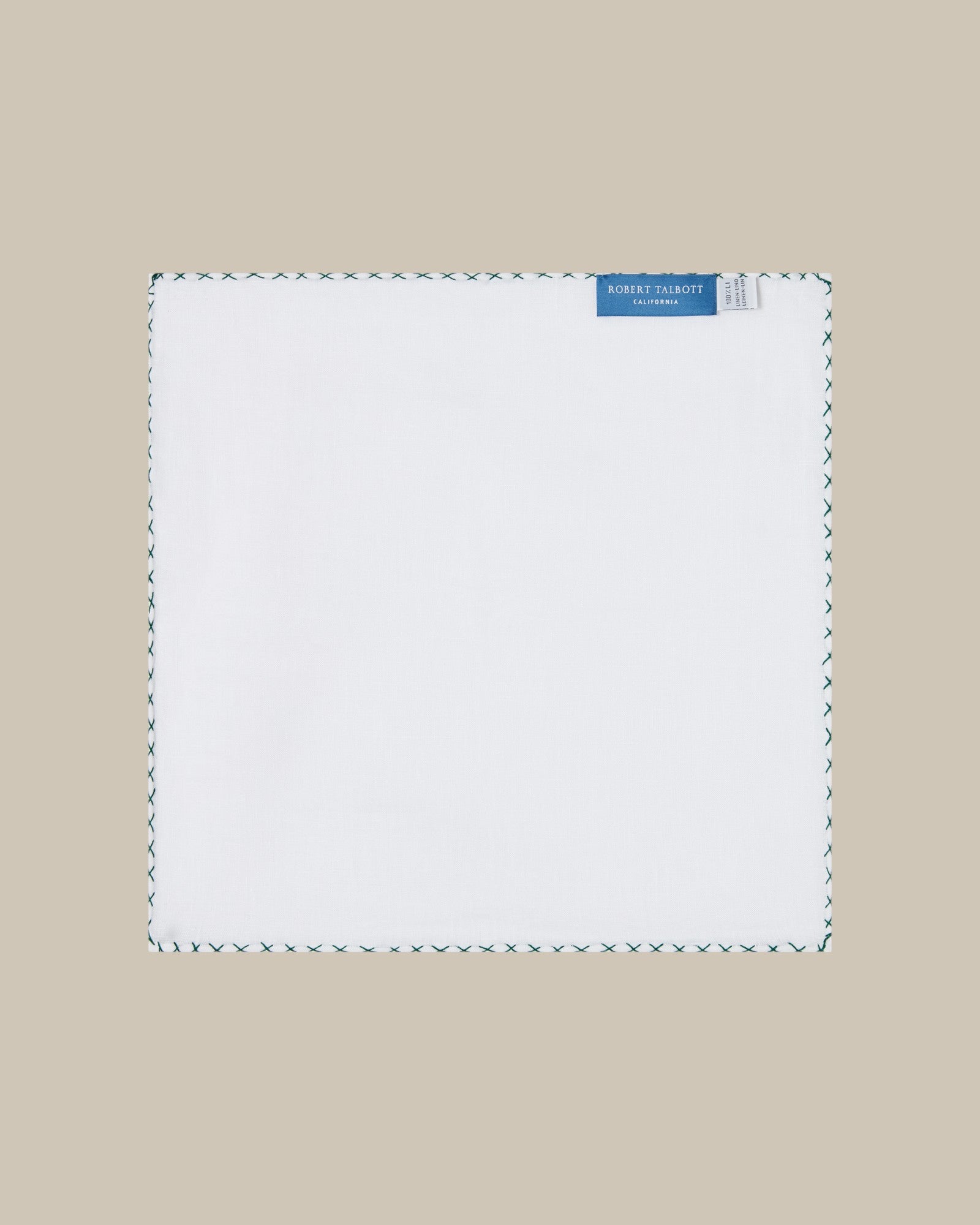 Carlton Linen Cross Stitch Border Pocket Square in White/Green by Robert Talbott