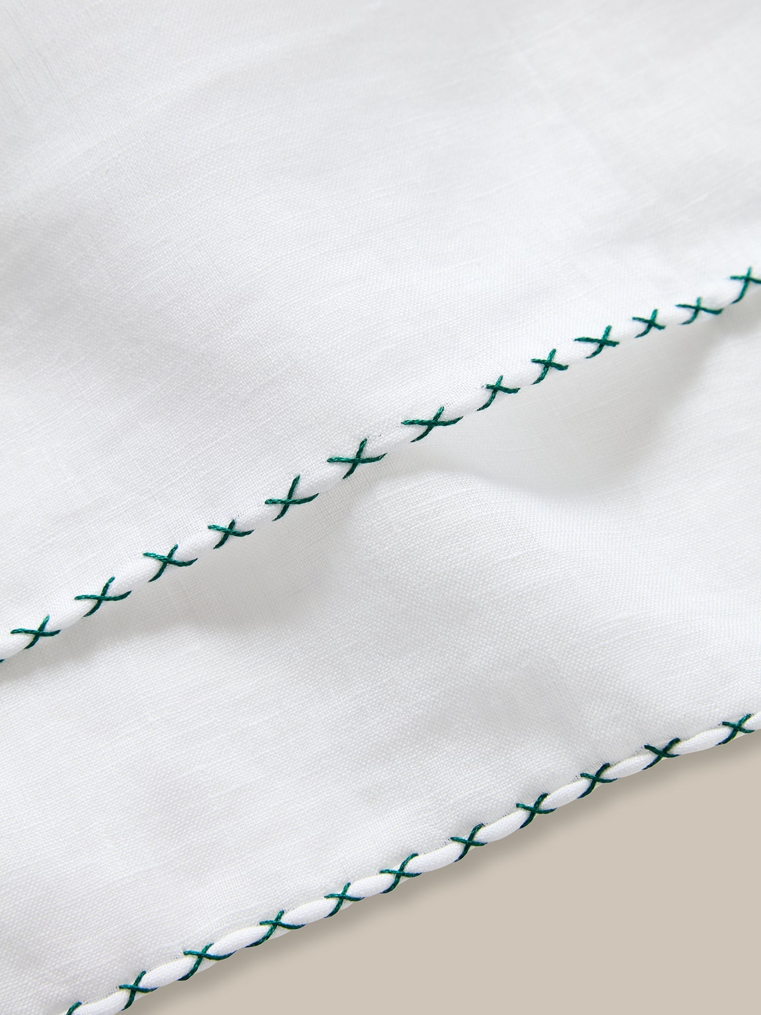 Carlton Linen Cross Stitch Border Pocket Square in White/Green by Robert Talbott
