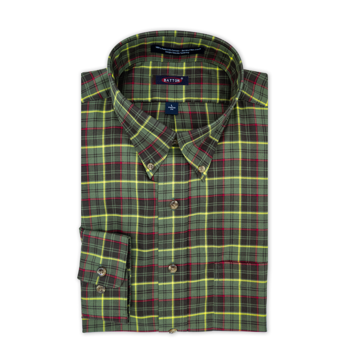 'River' Fall Green Plaid Long Sleeve Beyond Non-Iron® Cotton Twill Sport Shirt by Batton