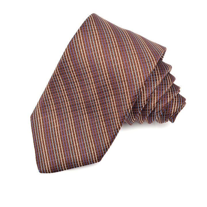 Brown, Royal, and Sky Ultra Fine Gingham Stripe Woven Jacquard Silk Tie by Dion Neckwear
