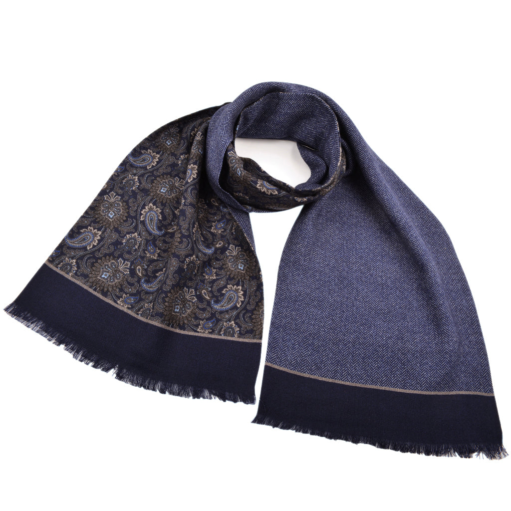 Italian Wool Reversible Scarf - Paisley to Chevron in Navy, Grey, and Silver by Dion