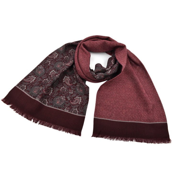 Italian Wool Reversible Scarf - Paisley to Chevron in Burgundy, Grey, and Silver by Dion