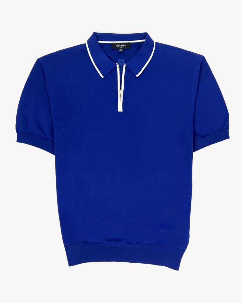 Jersey Knit Pima Cotton Zip Polo Shirt with Contrast Detail in Royal Blue by Deletto Italy