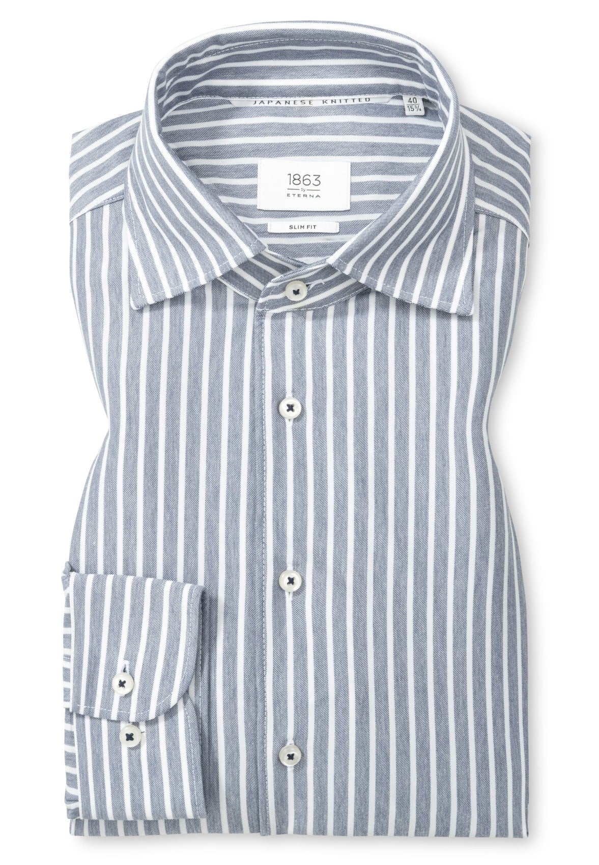 'Japanese Knit Shirt' In Grey Blue Stripe - Slim Fit - Knit Shirt with One Piece Collar by Eterna 1863
