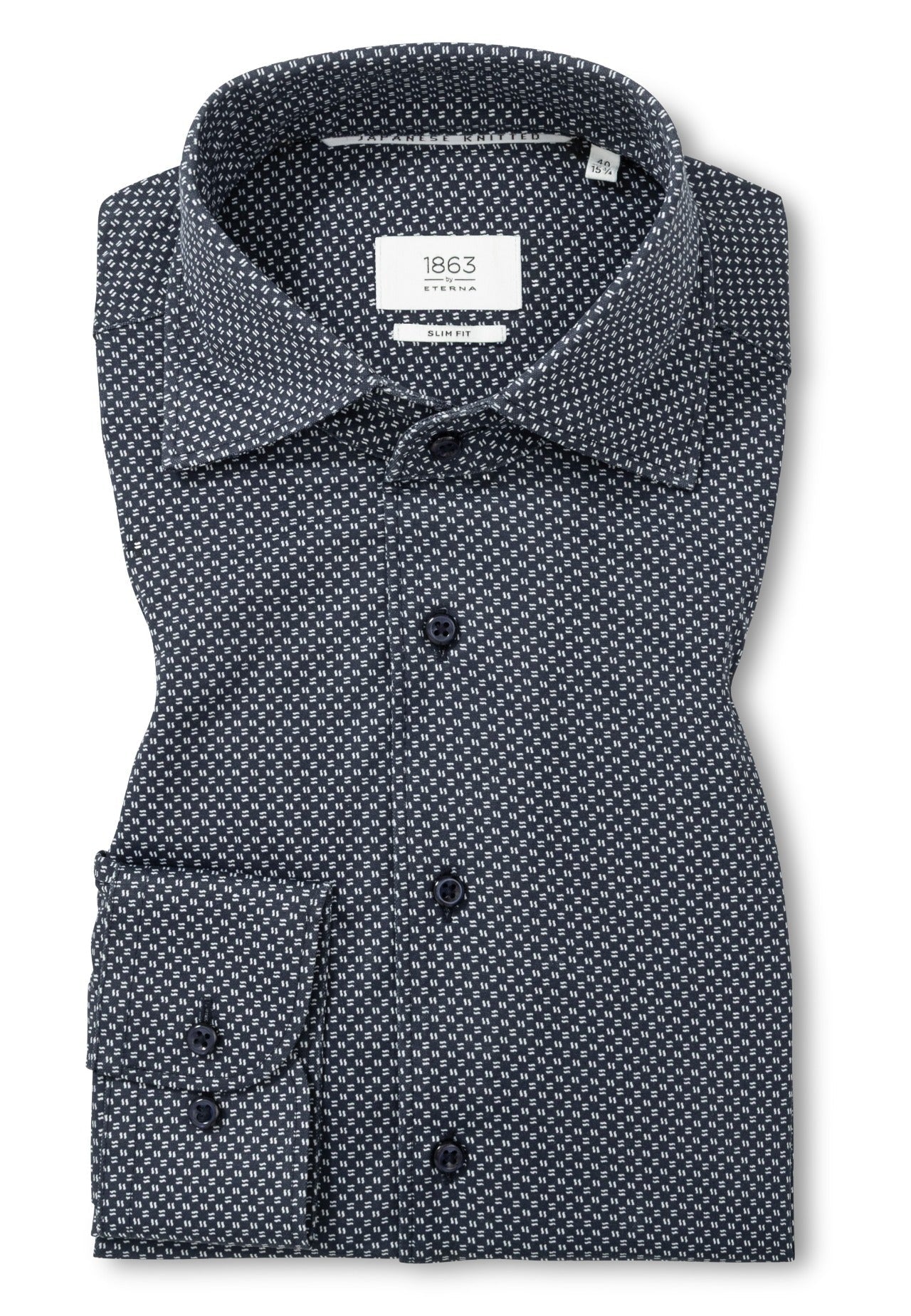 'Japanese Knit Shirt' In Grey Blue Micro Print - Slim Fit - Knit Shirt with One Piece Collar by Eterna 1863