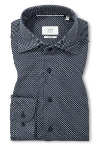 'Japanese Knit Shirt' In Grey Blue Micro Print - Slim Fit - Knit Shirt with One Piece Collar by Eterna 1863