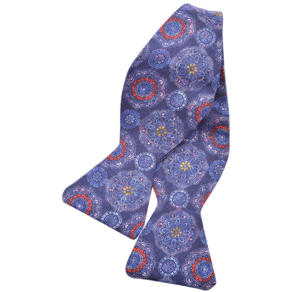 Navy, Red, and Lavender Distressed Medallion Silk Printed Panama Bow Tie by Dion Neckwear