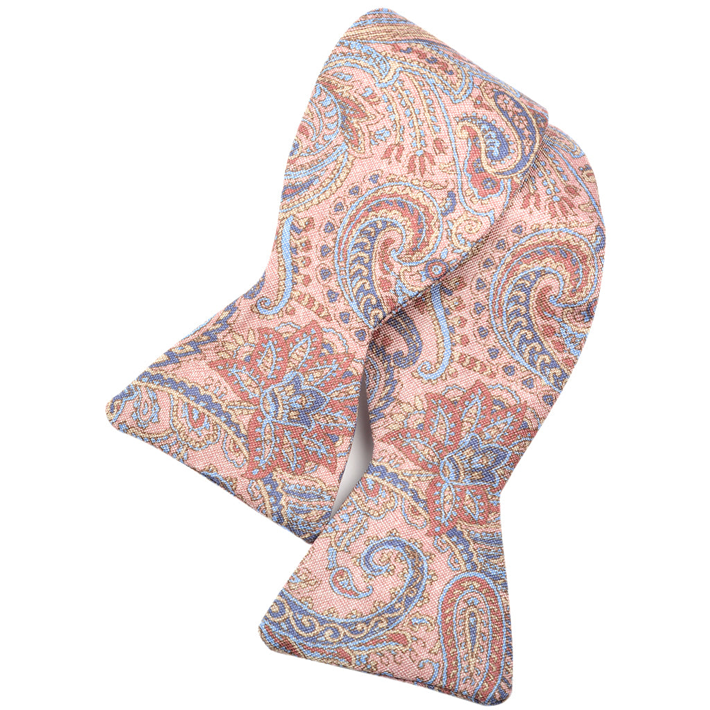 Pink, Denim Blue, and Biscotti Iconic Paisley Silk Printed Panama Bow Tie by Dion Neckwear