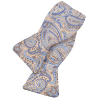 Almond, Marine Blue, and Tan Iconic Paisley Silk Printed Panama Bow Tie by Dion Neckwear