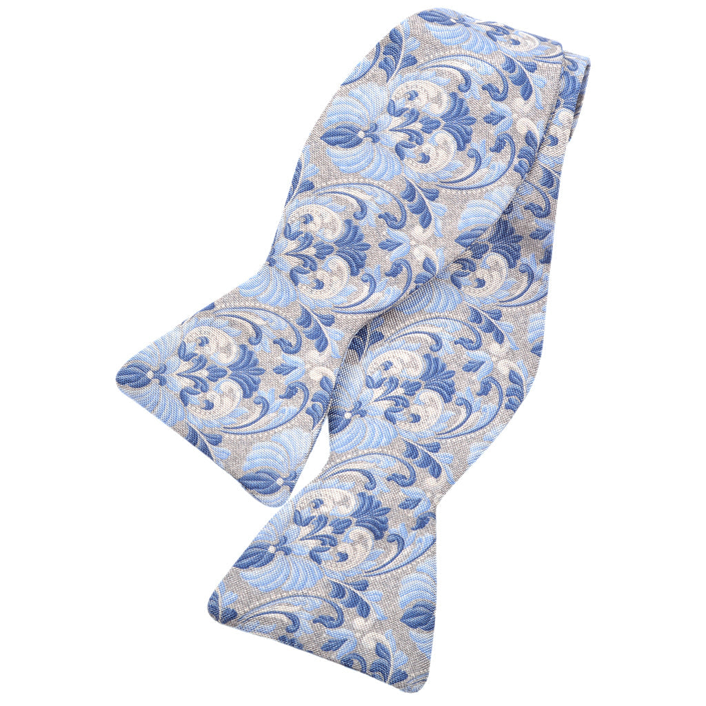Silver, Navy, and Powder Blue Whimsical Floral Silk Printed Panama Bow Tie by Dion Neckwear