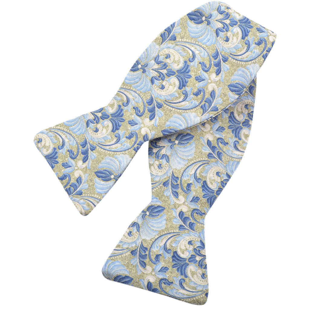 Sage, Navy, and Latte Whimsical Floral Silk Printed Panama Bow Tie by Dion Neckwear