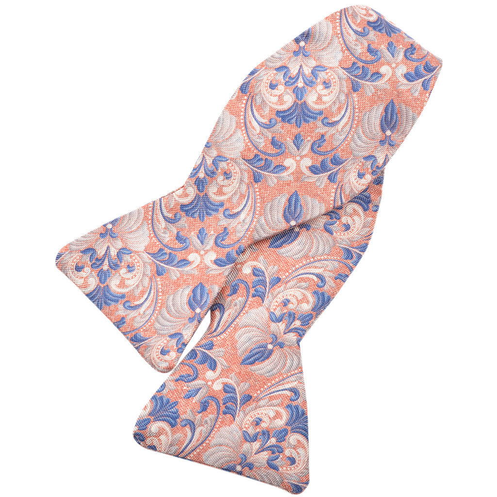 Flamingo Pink, Navy, and Dove Grey Whimsical Floral Silk Printed Panama Bow Tie by Dion Neckwear