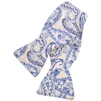 Indigo, Ecru, and Navy Teardrop Paisley and Pin Dot Silk Printed Panama Bow Tie by Dion Neckwear