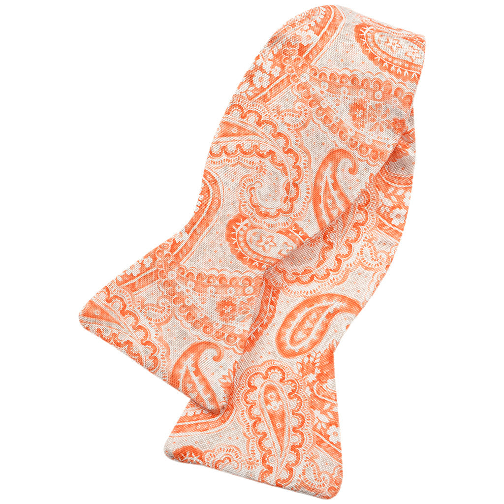 Pumpkin, Beige, and Latte Teardrop Paisley and Pin Dot Silk Printed Panama Bow Tie by Dion Neckwear