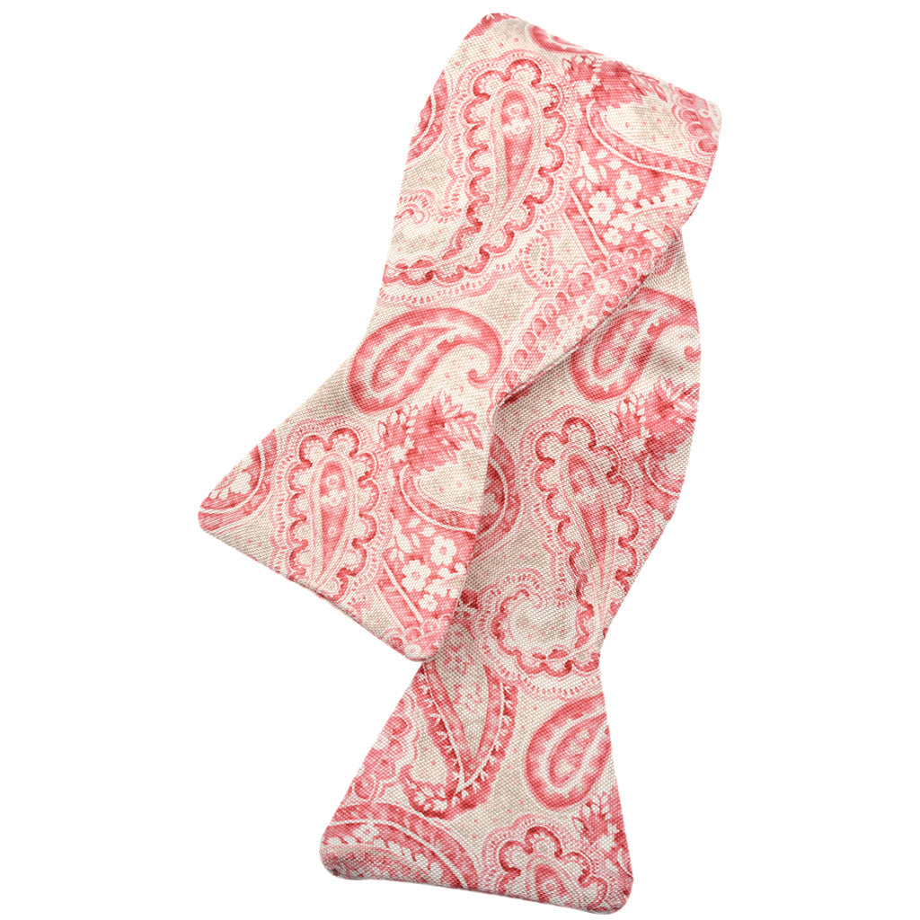 Pink, Beige, and Blush Teardrop Paisley and Pin Dot Silk Printed Panama Bow Tie by Dion Neckwear