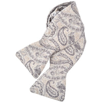 Latte, Charcoal, and Mist Teardrop Paisley and Pin Dot Silk Printed Panama Bow Tie by Dion Neckwear