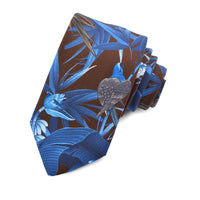 Mocha, Electric Blue, and Grey Rainforest Silk and Cotton Italian Printed Faille Tie by Dion Neckwear