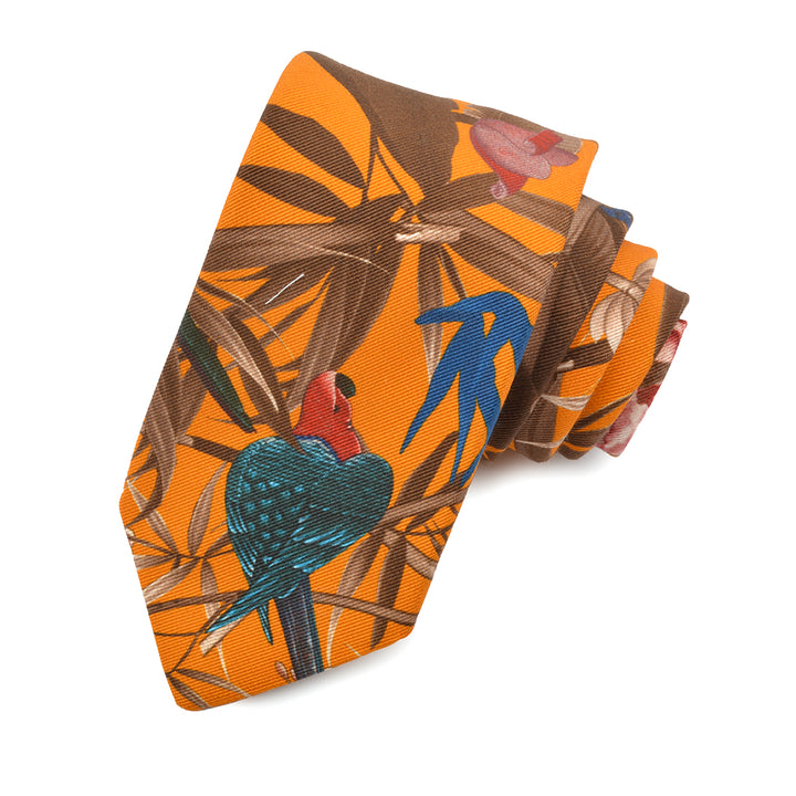 Gold, Mocha, Teal, and Brick Rainforest Silk and Cotton Italian Printed Faille Tie by Dion Neckwear