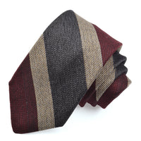 Wine, Sand, and Charcoal Mélange Bar Stripe Woven Silk, Cotton, and Wool Tie by Dion Neckwear