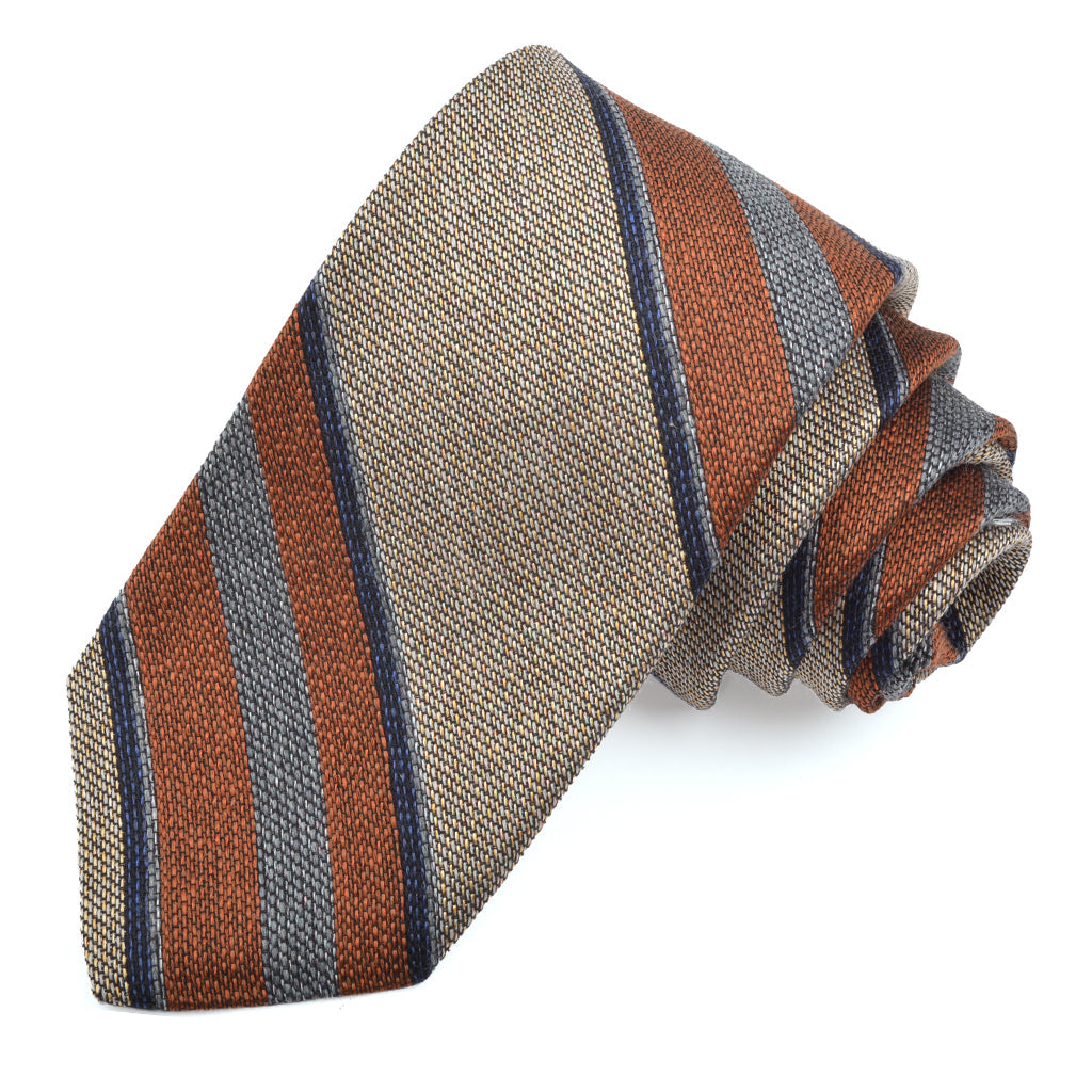 Sand, Navy, Cognac, and Grey Mélange Bar Stripe Woven Silk, Cotton, and Wool Tie by Dion Neckwear