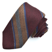 Wine, Royal, Tan, and Grey Mélange Bar Stripe Woven Silk, Cotton, and Wool Tie by Dion Neckwear