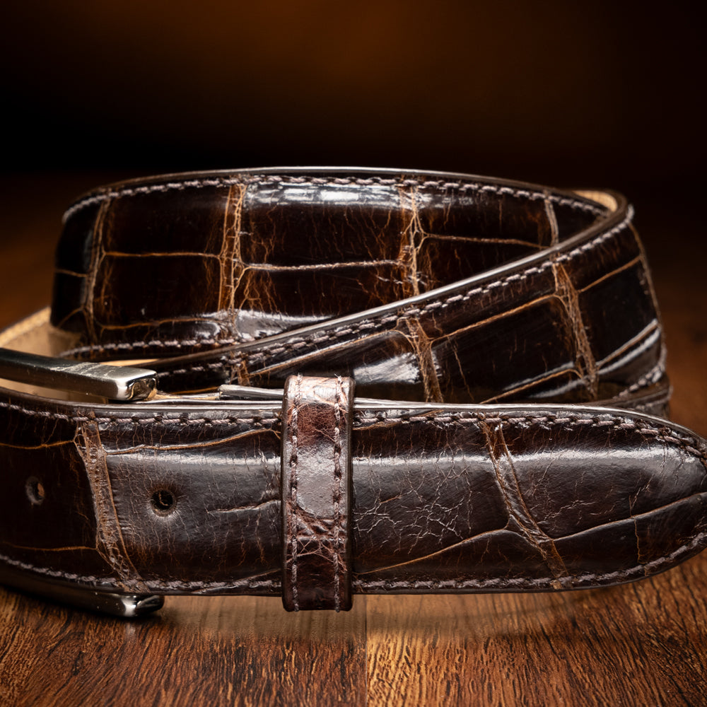High Shine Alligator Belt in Nicotine by Zelli Italia