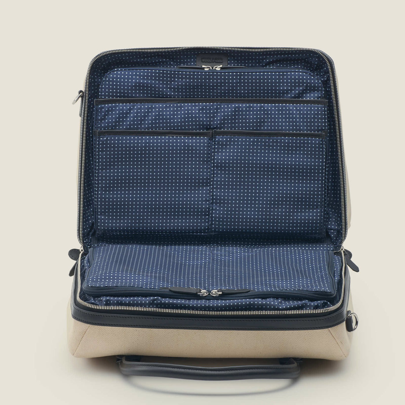 Duffle Suitcase in Beige Herringbone Waxed Canvas with Black Leather Trim by Wool & Oak