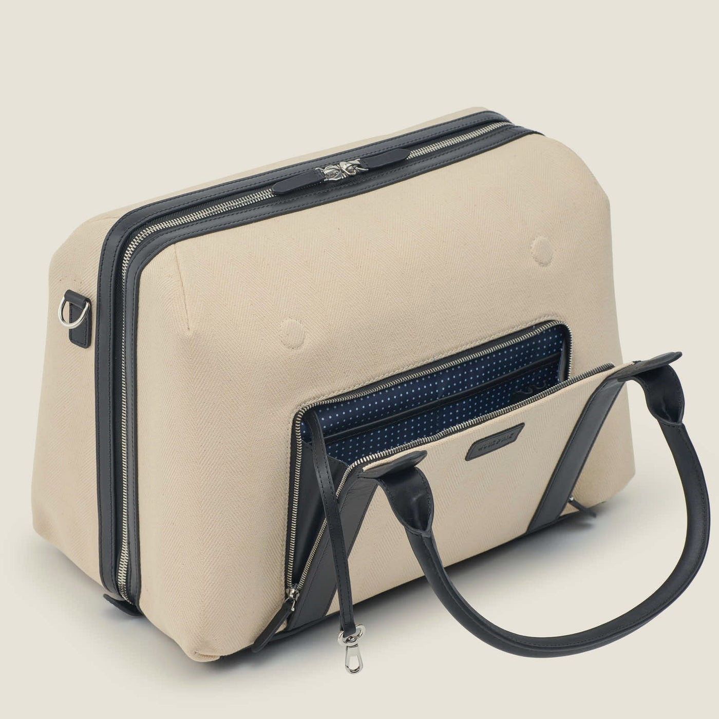 Duffle Suitcase in Beige Herringbone Waxed Canvas with Black Leather Trim by Wool & Oak
