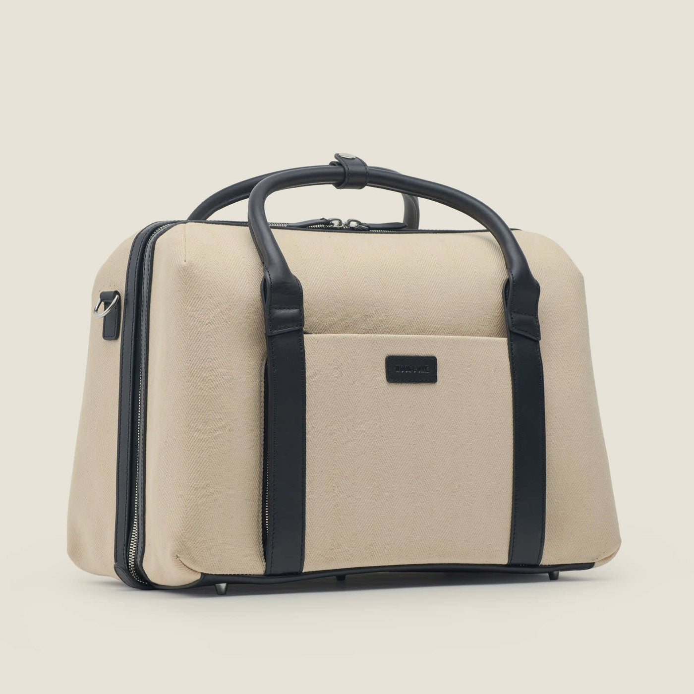 Duffle Suitcase in Beige Herringbone Waxed Canvas with Black Leather Trim by Wool & Oak