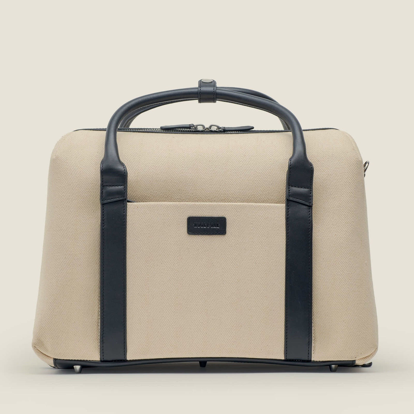 Duffle Suitcase in Beige Herringbone Waxed Canvas with Black Leather Trim by Wool & Oak