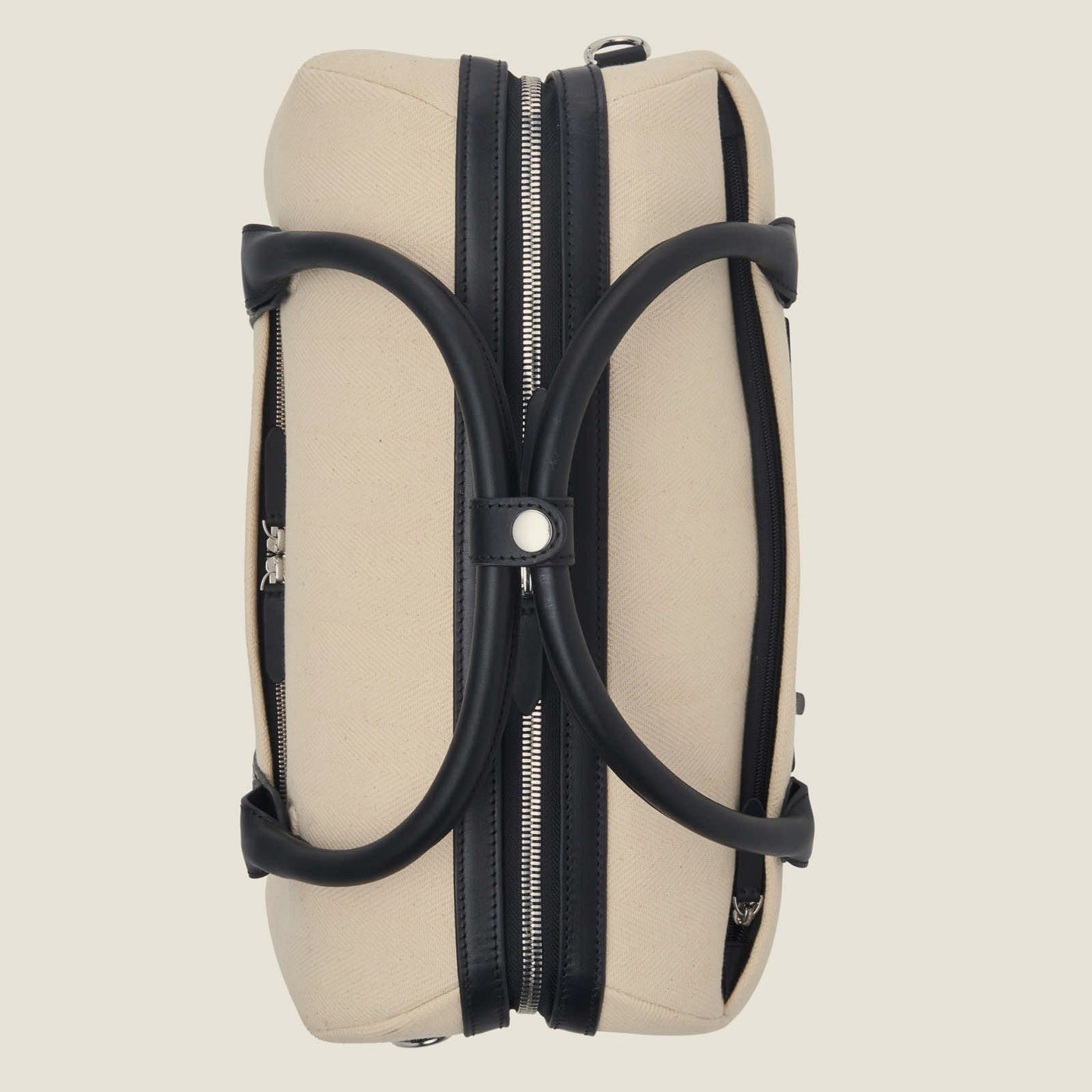 Duffle Suitcase in Beige Herringbone Waxed Canvas with Black Leather Trim by Wool & Oak