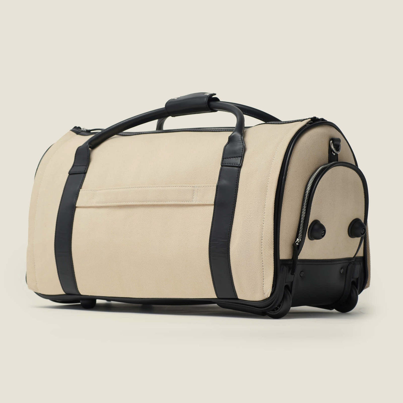 Nova - The Original Garment Roller Duffle in Beige Herringbone Waxed Canvas with Black Leather Trim by Wool & Oak